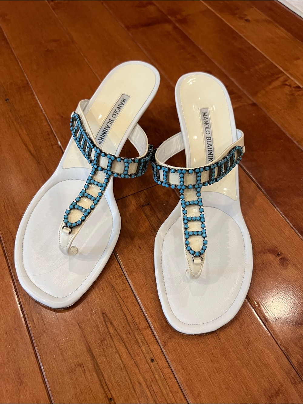 Manolo Blahnik White Sandal Thongs with Turquoise Beading